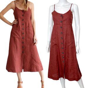 Sea New York Cici Tank Linen Button Front Patch Pocket Midi Dress in Rust Size 4